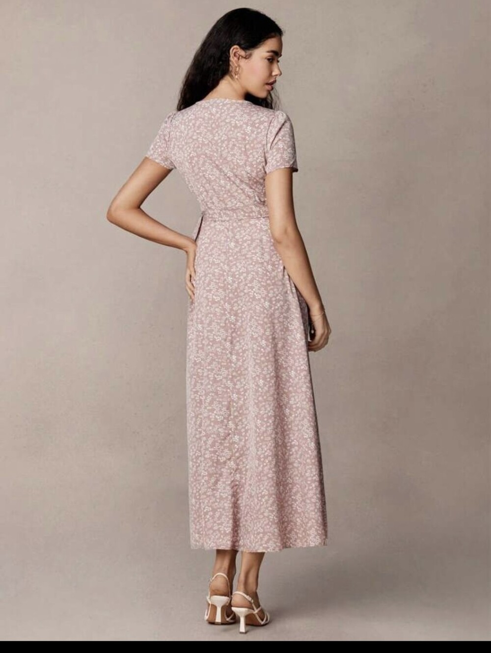 Women Dusty Rose Ditsy White Floral Wrap V-neck Flowy Maxi Dress Sz Extra Small - Picture 2 of 10